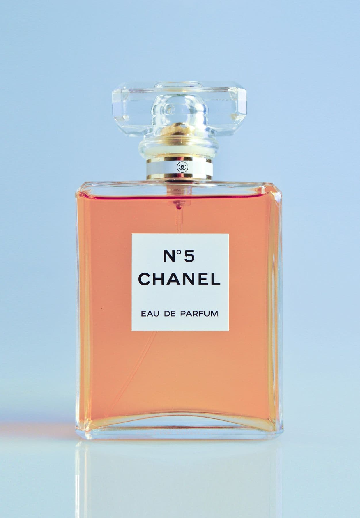 Amber perfume bottle against a pale blue background
